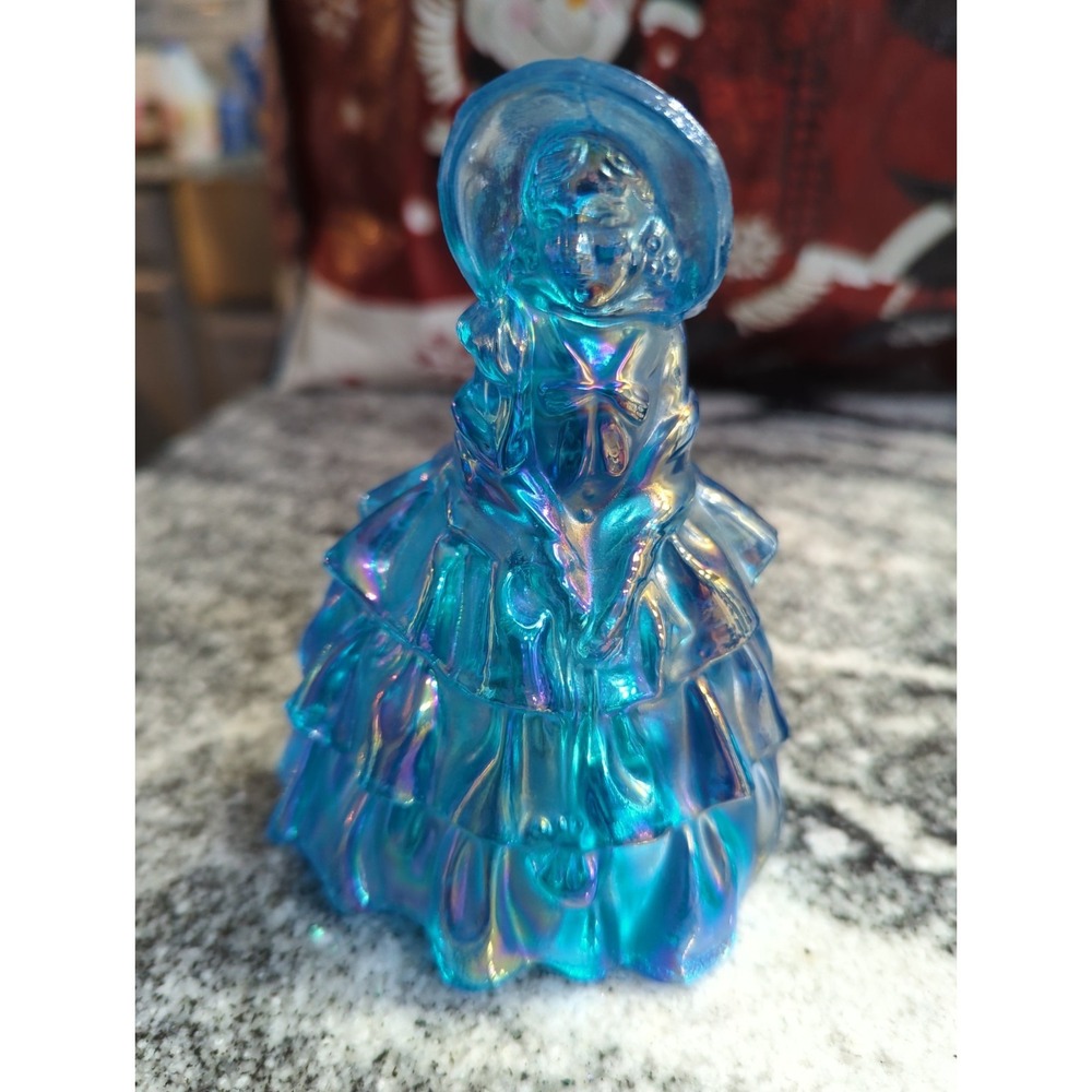 Vintage Wheaton Carnival Glass Southern Belle Figurine Blue Iridescent 5" Tall